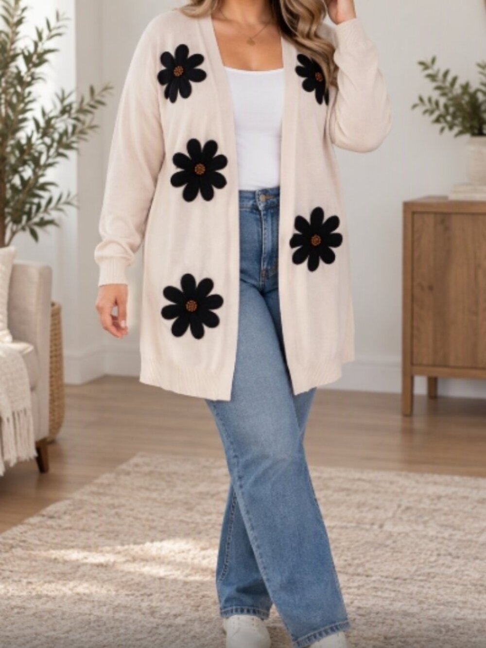 Aaeda Open Front Neutral 3D Floral Knit Cardigan Sweater L Soft Girl Cottagecore